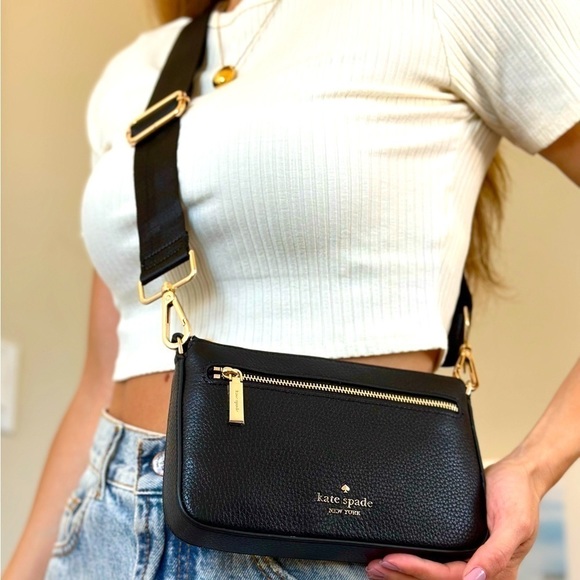 NEW Kate Spade bag crossbody black leather gold-tone hardware 2 straps NWT - Picture 2 of 8